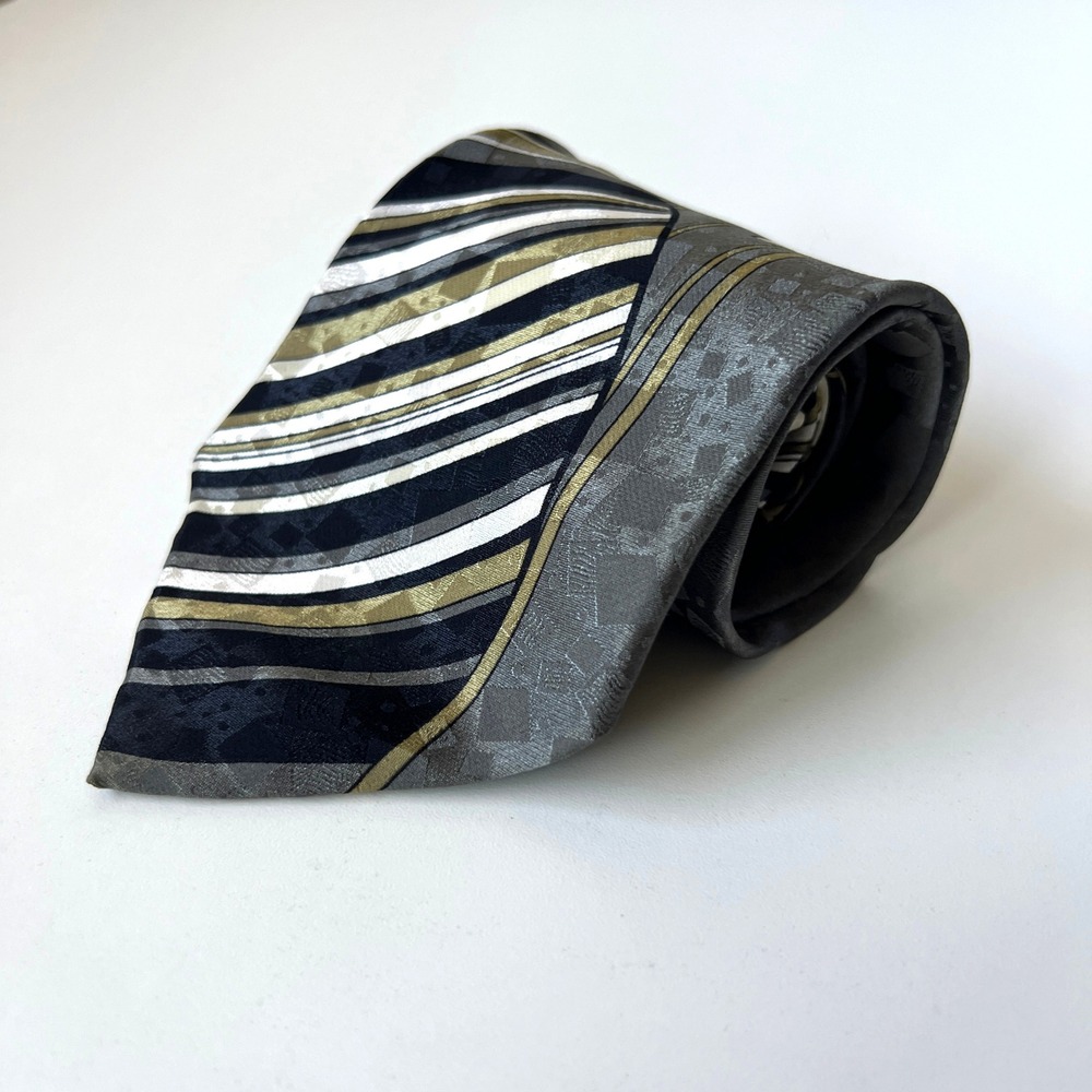 Luciano Gatti Silk Tie Gray Black Gold Abstract Geometric Italy 57"